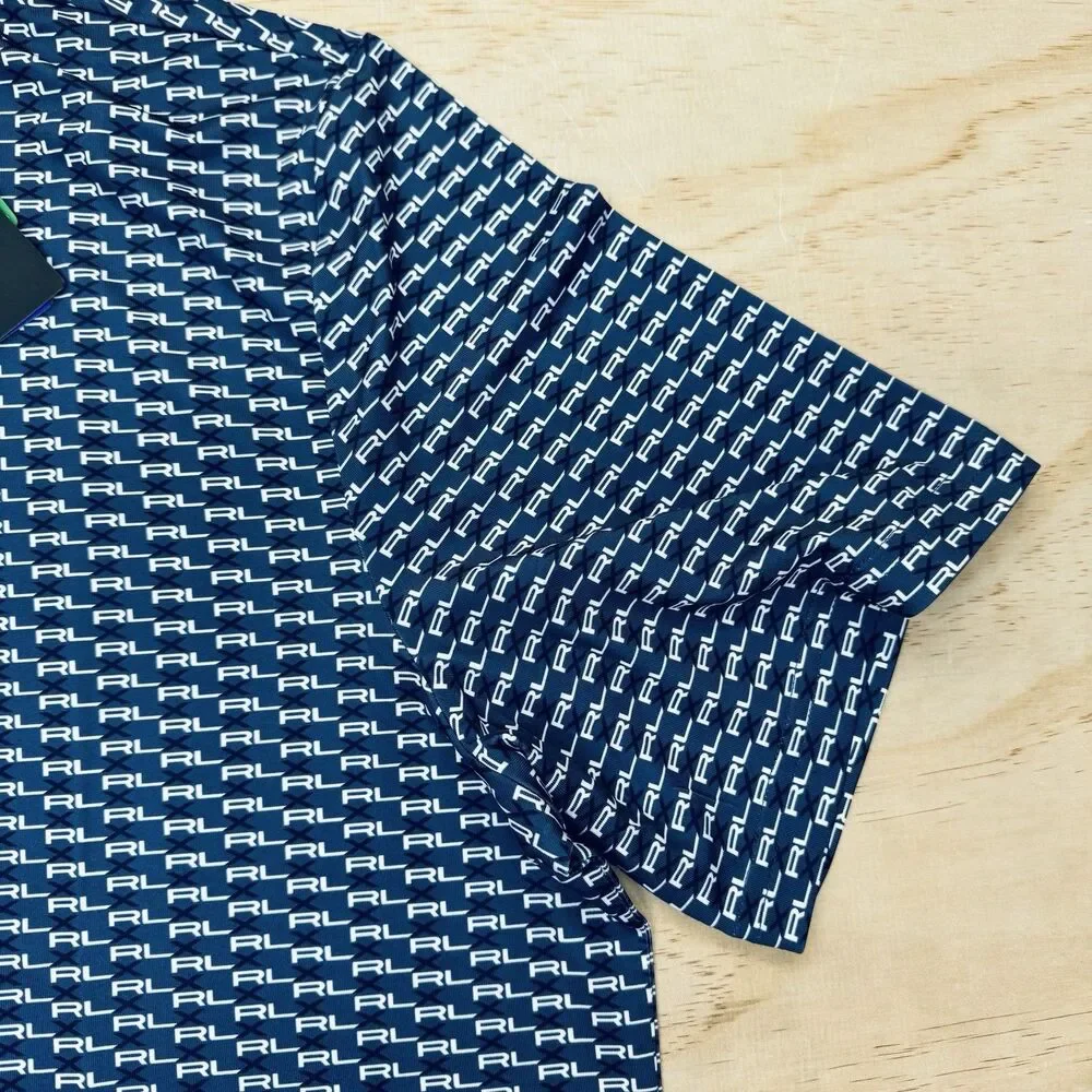 NEW RLX Ralph Lauren Print Lightweight Short Sleeve Blue Golf Polo LG